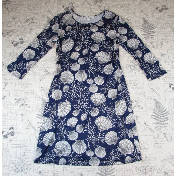 EUC $166 JEAN-PIERRE KLIFA Paris Smooth Stretch Blue shell Print midi Dress Sz S - Picture 6 of 9